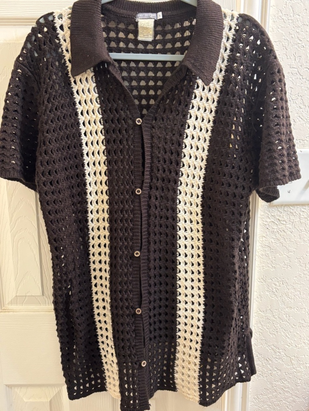 EARTHBOUND Brown Open-Knit Short Sleeve Button-Up Shirt with Cream Stripes